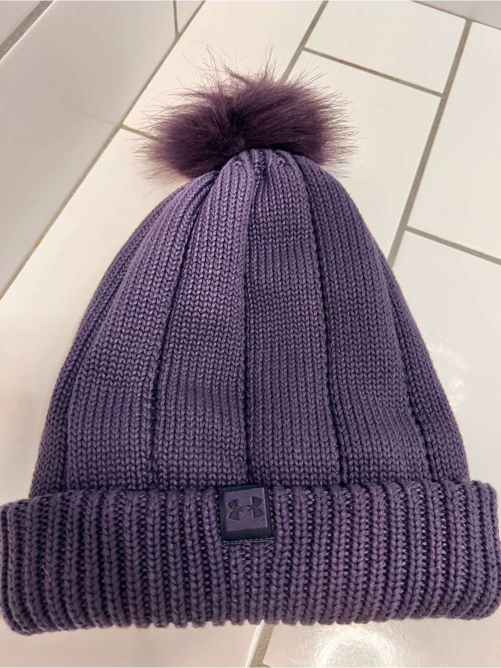 Under Armour Around Town Pom Beanie Women’s Purple Fleece Lined Winter Hat